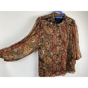 Sam & Jess Brown Black Sheer Paisley Balloon Sleeve Top L